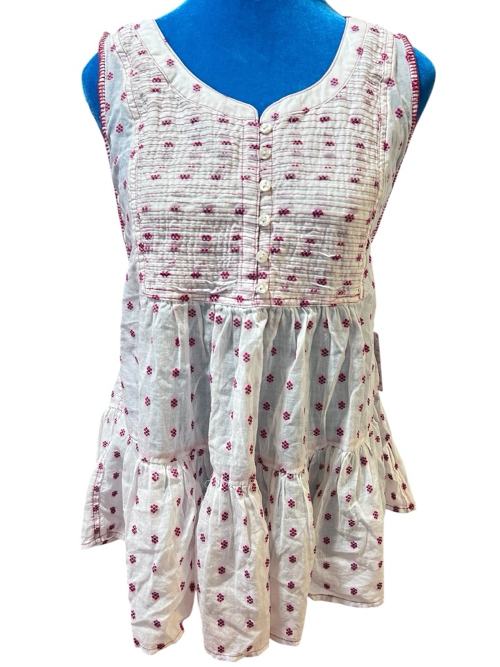 Free People Boho embroidered Pintuck Babydoll Top White Red Floral